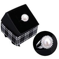 Sötvatten Pearl Finger Ring, 925 Sterling Silver, med kartong låda & Freshwater Pearl, Blomma, naturlig, justerbar & micro bana cubic zirconia, 14mm, Storlek:7, Säljs av PC