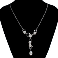 Freshwater Pearl Brass Necklace with Freshwater Pearl with 5.5cm extender chain platinum color plated lariat style & natural & oval chain & micro pave cubic zirconia nickel lead & cadmium free 9-10mm Sold Per Approx 17 Inch Strand