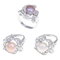 Freshwater Pearl Finger Ring Brass with Freshwater Pearl Flower platinum color plated natural & with cubic zirconia nickel lead & cadmium free 9-10mm US Ring Sold By PC