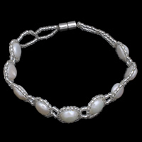 Sötvatten odlade Pearl Bracelet, Freshwater Pearl, med Glass Seed Beads, mässing magnetlås, Blomma, naturlig, vit, 12x5mm, Såld Per Ca 7 inch Strand