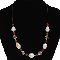 Freshwater Pearl Brass Necklace with Red Agate & Crystal & Silicone & Brass with 5cm extender chain gold color plated natural & flower cut & faceted 11-12mm Sold Per Approx 17 Inch Strand