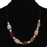 Lace Agate Necklace with Freshwater Pearl & Silicone & Brass with 5cm extender chain gold color plated natural & flower cut Sold Per Approx 17 Inch Strand