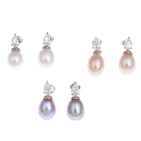 Freshwater Pearl Earrings with Brass Rice gold color plated natural & with cubic zirconia & faceted 8-9mm Sold By Pair