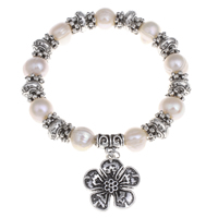 Freshwater Cultured Pearl Bracelet Freshwater Pearl with Zinc Alloy Flower antique silver color plated natural & charm bracelet 9-10mm Sold Per Approx 7 Inch Strand
