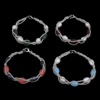 Freshwater Kulturperler Pearl Bracelet, Ferskvandsperle, med Glas Seed Beads & Glas, messing karabinlås, Oval, flere farver til valg, 7-8mm, Solgt Per Ca. 7 inch Strand