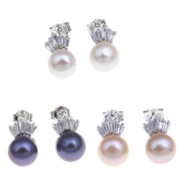 Freshwater Pearl Earrings Brass with Freshwater Pearl platinum color plated with cubic zirconia 8-9mm Sold By Pair