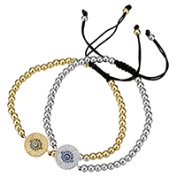 Evil Eye Woven Ball Bracelet Brass with Nylon Cord Flat Round plated with eye pattern & adjustable & micro pave cubic zirconia & epoxy gel nickel lead & cadmium free 4mm Length Approx 6-10 Inch Sold By Lot