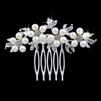 Dekoracyjne włosów Grzebień dla nowożeńców, Stop cynku, ze Tworzywa ABS perła, Kwiat, Platerowane w kolorze srebra, z kamieniem, bez zawartości ołowiu i kadmu, 70x70mm, 3komputery/torba, sprzedane przez torba