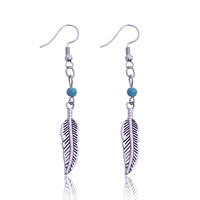 Zinc Alloy Drop Earring with Turquoise iron earring hook Leaf antique silver color plated lead & cadmium free 62mm Sold By Pair