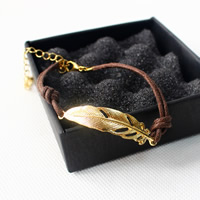 Bracelet en alliage de zinc, avec Ciré de chanvre, avec 5cm chaînes de rallonge, forme de plume, Placage de couleur d'or, 2 fils, sans plomb et cadmium, 200mm, Vendu par Environ 7.5 pouce brin