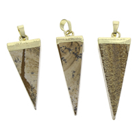 Imagens de pedra pingente, with fiança de bronze, Triângulo, cromado de cor dourada, 17x41x7mm-17x47x7mm, Buraco:Aprox 3x6mm, 10PCs/Bag, vendido por Bag