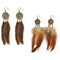 Fashion Feather Earring Zinc Alloy with Feather & Wood & Plastic Pearl iron earring hook antique bronze color plated Bohemian style & enamel & hollow nickel lead & cadmium free 100mm Sold By Lot