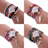 Wrap Watch, PU Leather, with Crystal & Glass & Tibetan Style, stainless steel snap clasp, Leaf, gold color plated, charm bracelet & adjustable & faceted & with rhinestone & 2-strand, more colors for choice, 25mm, 14mm, Sold Per Approx 15.8 Inch Strand