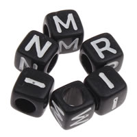 Alfabet Akryl perler, Cube, med bogstavet mønster & ensfarvet, sort, 6x6mm, Hole:Ca. 3mm, Ca. 3000pc'er/Bag, Solgt af Bag