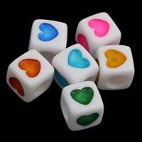 Solid Color Akryl perler, Cube, med hjerte mønster & ensfarvet, blandede farver, 7x7mm, Hole:Ca. 3mm, Ca. 1950pc'er/Bag, Solgt af Bag