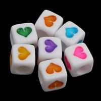 Solid Color Akryl perler, Cube, med hjerte mønster & ensfarvet, blandede farver, 6x6mm, Hole:Ca. 3mm, Ca. 3000pc'er/Bag, Solgt af Bag
