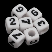Número Acrílico Bead, acrilico, Cubo, com padrão de número & cor sólida, branco, 7x7mm, Buraco:Aprox 3mm, Aprox 1650PCs/Bag, vendido por Bag