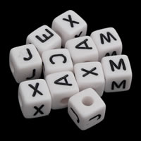Alphabet Akril gyöngyök, Kocka, különböző modellek a választás & egyszínű, fehér, 10x10mm, Lyuk:Kb 3mm, Kb 560PC-k/Bag, Által értékesített Bag