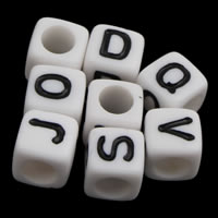 Alphabet Akril gyöngyök, Kocka, A levél minta & egyszínű, fehér, 6x6mm, Lyuk:Kb 3mm, Kb 3000PC-k/Bag, Által értékesített Bag