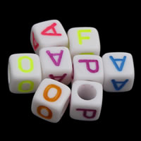 Alphabet Akril gyöngyök, vegyes & egyszínű, fehér, 6x6mm, Lyuk:Kb 3mm, Kb 3000PC-k/Bag, Által értékesített Bag