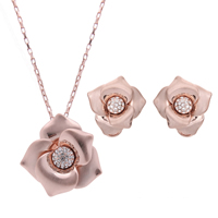 Zinc Alloy Jewelry Sets earring & necklace with iron chain stainless steel earring post and Omega clip Flower rose gold color plated box chain & brushed & with rhinestone lead & cadmium free  Length Approx 17 Inch Sold By Set