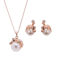 Zinc Alloy Jewelry Sets earring & necklace with ABS Plastic Pearl & iron chain stainless steel post pin Crocodile rose gold color plated oval chain & with rhinestone lead & cadmium free  Length Approx 17 Inch Sold By Set