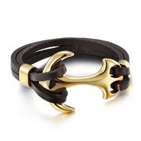 Men Bracelet Cowhide with Stainless Steel Anchor gold color plated for man 37mm Sold Per Approx 8.6 Inch Strand
