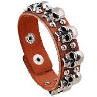 Men Bracelet Cowhide with Zinc Alloy Skull plated with rivet stud & adjustable & for man nickel lead & cadmium free 20mm Sold Per Approx 8.8 Inch Strand