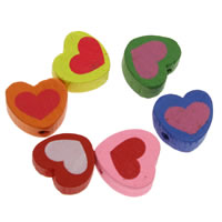 Miçangas de madeira, Coração, impressão, cores misturadas, 13x13x5mm, Buraco:Aprox 1mm, 1000PCs/Bag, vendido por Bag