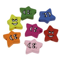 Wood Smile Face Pattern Bead, Star, printing, mixed colors, 18x20x4mm, Hole:Approx 1mm, 1000PCs/Bag, Sold By Bag