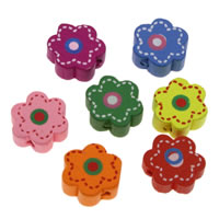 Trä Pärlor, Blomma, skriva ut, blandade färger, 15x6mm, Hål:Ca 1mm, 1000PC/Bag, Säljs av Bag