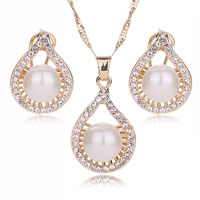 Zinc Alloy Jewelry Set earring & necklace with Glass Pearl brass earring post and Omega clip with 1.96 lnch extender chain Teardrop gold color plated Singapore chain & with rhinestone nickel lead & cadmium free  Length Approx 17.32 Inch Sold By Lot