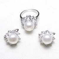 Natural Cultured Freshwater Pearl Jewelry Sets finger ring & earring Brass with Freshwater Pearl Flower platinum color plated with cubic zirconia & faceted nickel lead & cadmium free  US Ring Sold By Set