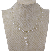 Přírodní Sladkovodní Pearl náhrdelník, s Mosaz & Tiger Tail Wire, barva pozlacený, květ řez & micro vydláždit kubické zirkony, 7-8mm, Prodáno za Cca 14.5 inch Strand