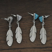 Zinc Alloy Drop Earring with Acrylic brass post pin Feather platinum color plated imitation turquoise nickel lead & cadmium free Sold By Lot