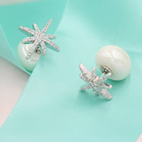 Double Faced Stud Earring ABS Plastic Pearl with Zinc Alloy stainless steel post pin Round platinum color plated with rhinestone 18mm Sold By Pair