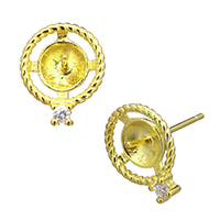 925 Sterling Silver Earring Post, real gold plated, micro pave cubic zirconia, 9.5x12x15.5mm, 0.8mm, 0.9mm, 5Pairs/Lot, Sold By Lot