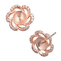 925 Sterling Silver Earring Post, Flower, real rose gold plated, micro pave cubic zirconia, 12x11x14mm, 0.8mm, 0.9mm, 5Pairs/Lot, Sold By Lot