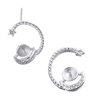 925 Sterling Silver Earring Post, Moon and Star, micro pave cubic zirconia, 10x15x12mm, 0.8mm, 0.8mm, 5Pairs/Lot, Sold By Lot