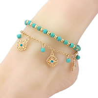 Brass Anklet with iron chain & Turquoise with 2cm extender chain gold color plated rolo chain & with rhinestone &  nickel lead & cadmium free 230-240 Length Approx 9 Inch Sold By Bag