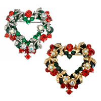 Christmas Brooches Zinc Alloy Heart plated Christmas jewelry & colorful plated & with rhinestone lead & cadmium free Sold By Bag