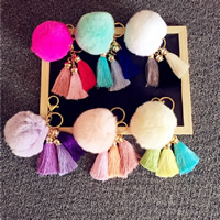 Fur Ball Pom Pom Keychain, Rex Rabbit Fur, with Nylon Cord & Tibetan Style, gold color plated, more colors for choice, 60mm, 80mm, Sold By PC