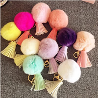 Fur Ball Pom Pom Keychain, Rex Rabbit Fur, with PU Leather & Tibetan Style, platinum color plated, more colors for choice, 60mm, 80mm, 130mm, Sold By PC