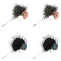 Zinc Alloy Brooches with Rabbit Fur & Velveteen Cord Flower platinum color plated lead & cadmium free Sold By Bag