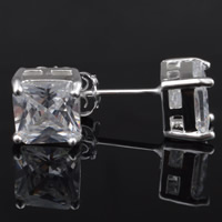 Terningformet Zirkon Micro Pave Messing Øreringe, Cube, ægte sølv forgyldt, med cubic zirconia, bly & cadmium fri, 8x8mm, Solgt af par
