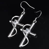 Cubic Zircon (CZ) Drop Earring Brass Cross real silver plated with cubic zirconia lead & cadmium free Sold By Pair