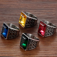 Stainless Steel Finger Ring for Men Titanium Steel with Crystal Rectangle & for man & faceted & blacken 18-22mm Sold By Bag