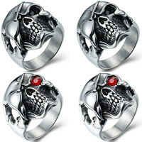Stainless Steel Finger Ring for Men Titanium Steel Skull & for man & with rhinestone & blacken 18-22mm Sold By Bag
