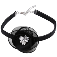 Fashion Choker Necklace PU Leather with Gauze & Cats Eye & Zinc Alloy with 2.7lnch extender chain platinum color plated for woman & with rhinestone nickel lead & cadmium free 60mm Sold Per Approx 12.2 Inch Strand