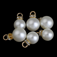 Plastik ABS Wisiorki, Tworzywa ABS perła, ze Rhinestone mosiezna, Koło, Platerowane w kolorze złota, biały, 8mm, otwór:około 2mm, 24komputery/torba, sprzedane przez torba